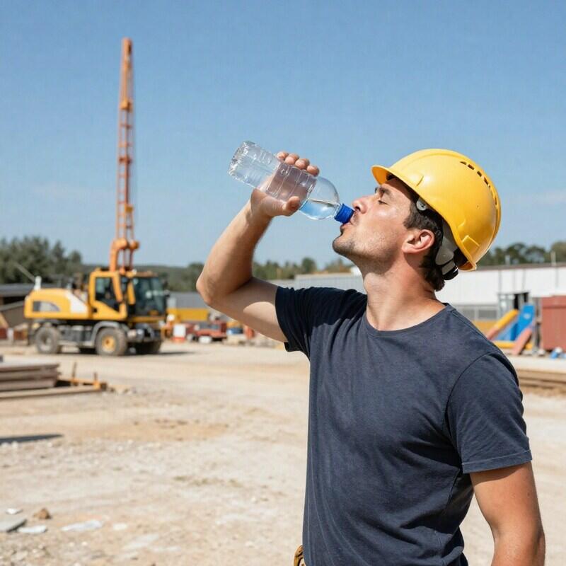 Un ouvrier du BTP porte un casque de chantier jaune et boit de l'eau à la bouteille sur un chantier ensoleillé. En encadré : "Fortes chaleurs" et "Employeurs : les bonnes pratiques". Logo Cerfrance Finistère en bas à droite.